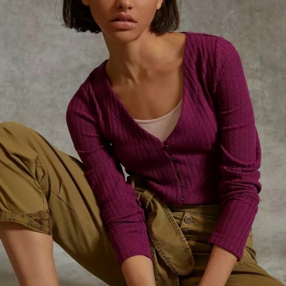 Anthropologie Maeve Meryl Purple Shimmer Button Front Cardigan Sweater Medium